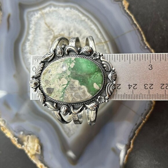 Sterling Silver Southwestern Style Large Oval Variscite Decorated Bracelet - Picture 10 of 10